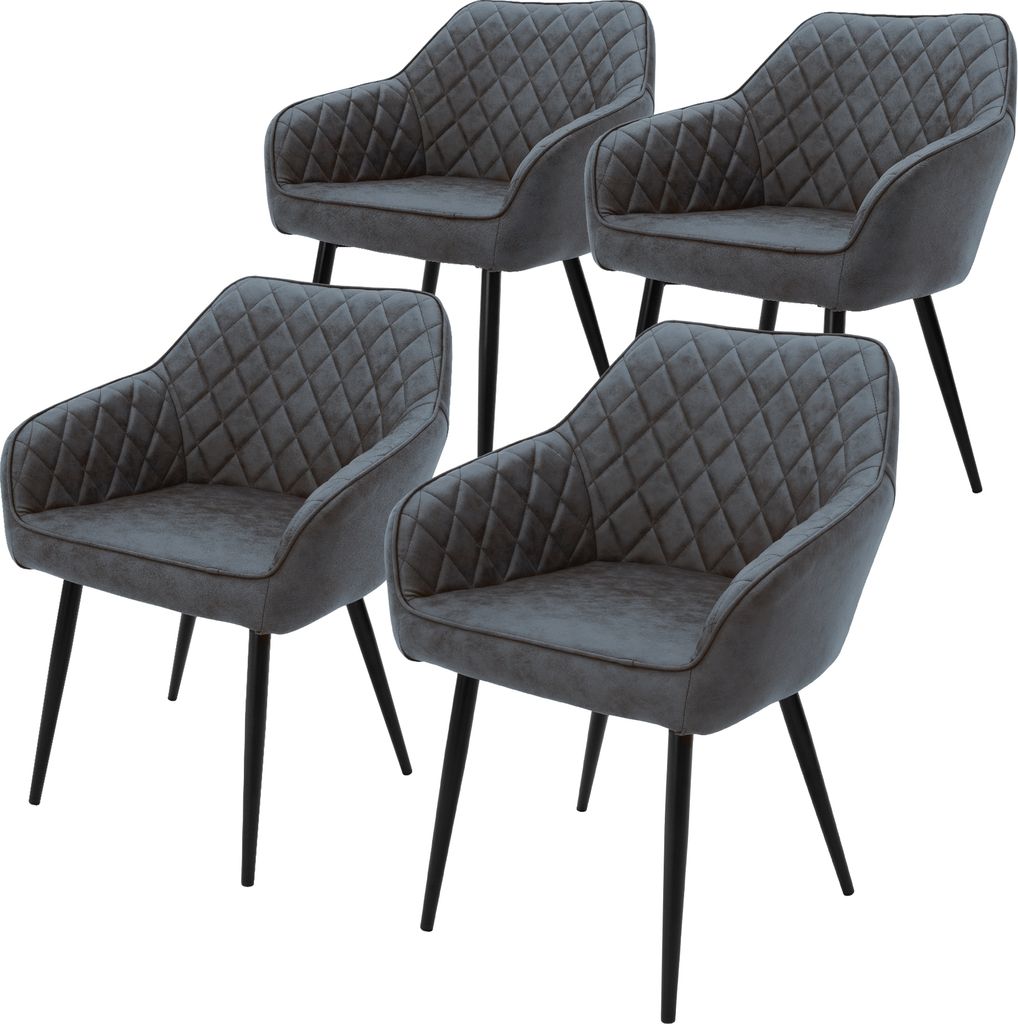 A set of four anthracite dining chairs with diamond quilting and black metal legs, presented against a white background.
