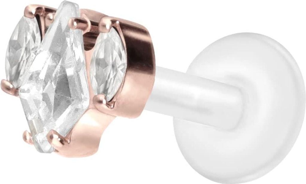 Ohrpiercing, Nasenpiercing PTFE Labret mit Innengewinde + Titan-Aufsatz KRISTALLSCHILD + KRISTALLOVALE RoséGold Stablänge: 8mm | Stabstärke: 1,2mm