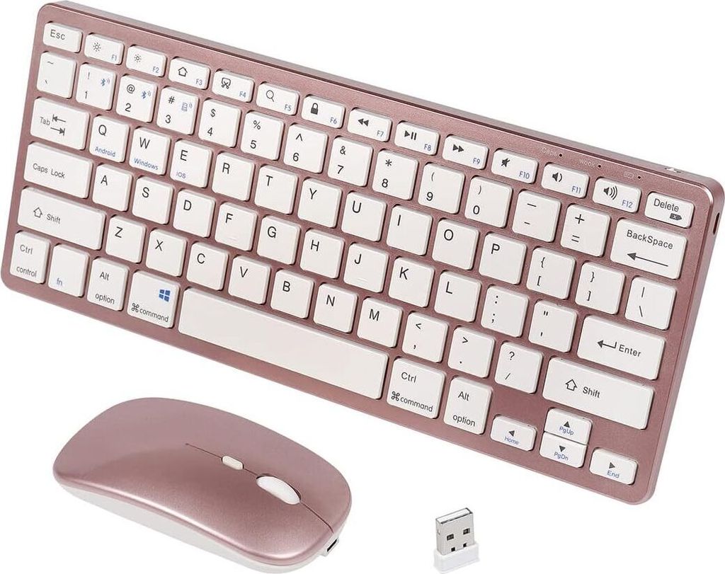 Tastatur Maus Set Kabellos, Bluetooth & 2.4 GHz Verbindung via USB-Empfänger, Multi-Device, Leise Funktastatur mit Maus für PC/Laptop-Roségold: