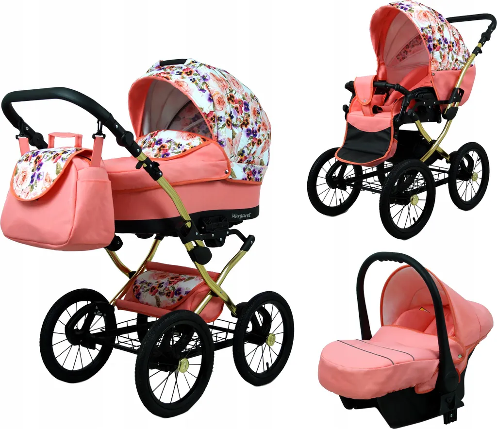 Poussette Margaret GOLD Pensées et Roses 3en1 - Nacelle + Siège Auto