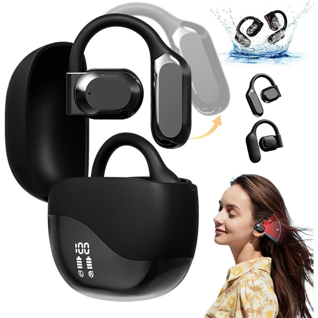 A collage of images showing black wireless earbuds and their charging case, along with a woman wearing the earbuds.