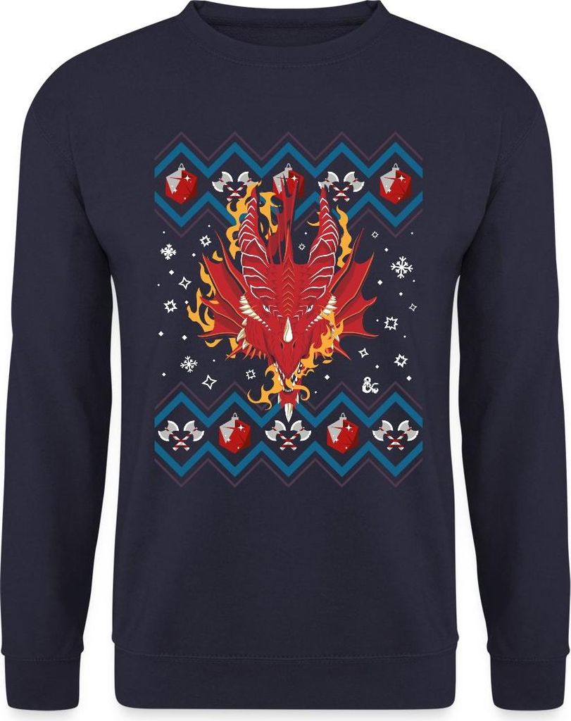 Spreadshirt Dungeons & Dragons Drachenkopf Ugly Christmas Uni Pullover, XXL, Navy