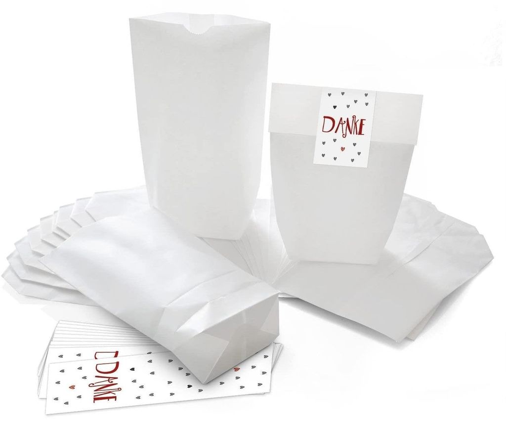 10 kleine weiße Kreuzbodenbeutel 14 x 22 x 5,6 cm + 10 Aufkleber 5 x 15 cm DANKE rot graue HERZEN - Papier-Tüten give-aways Mitgebsel Verpackung ...