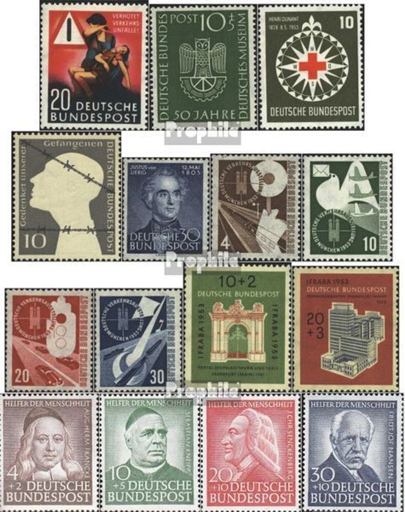 Briefmarken BRD (BR.Deutschland) 1953 Mi 162-176 (kompl.Ausg.) Jahrgang 1953 komplett postfrisch Verkehrsunfall-Verhütung