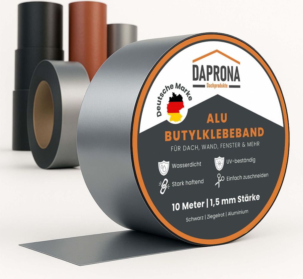 DAPRONA Butylband, Panzertape 10m x 150mm, Alu Dichtungsband Alu, Reparaturband, Dichtband Fenster Dachrinne, wasserfest, hitzebeständig