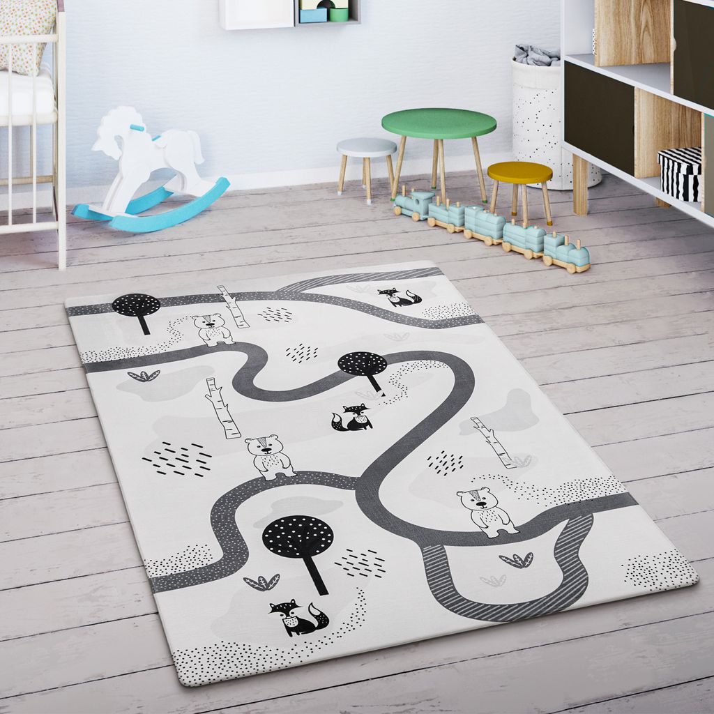 Kinderteppich Kinderzimmer Teppich Spielmatte Straßenteppich Rutschfest Weiß Grau Grösse 80x150 cm