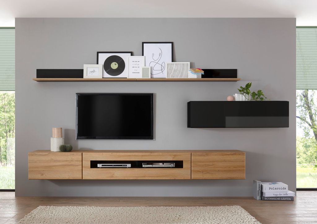 LIVOJO M14 Wohnzimmer Stauraumschrank hängend quer 130 x 35 x 38 cm Schwarz Hochglanz & Grandson Oak hell