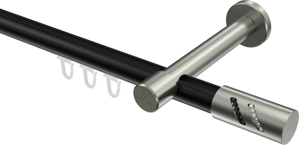 Interdeco Innenlaufstange / Gardinenstange mit Innenlauf Schwarz / Edelstahl-Optik, Typ Prestige Zoena (Glitzerzylinder), 20 mm Ø 1-läufig, 160 cm
