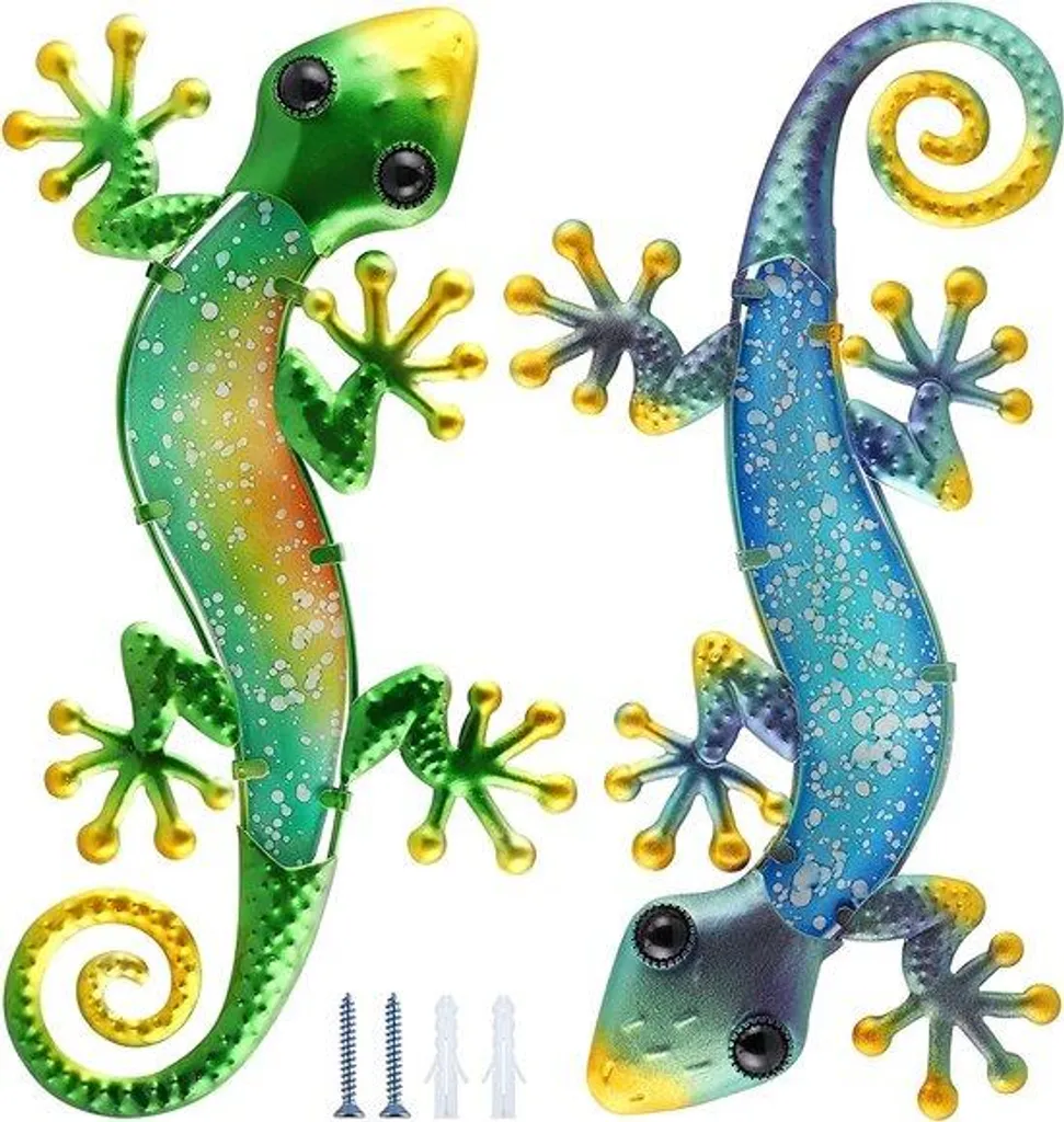 Gekko mural en métal bleu et vert 38 cm avec finitions artisanales x2