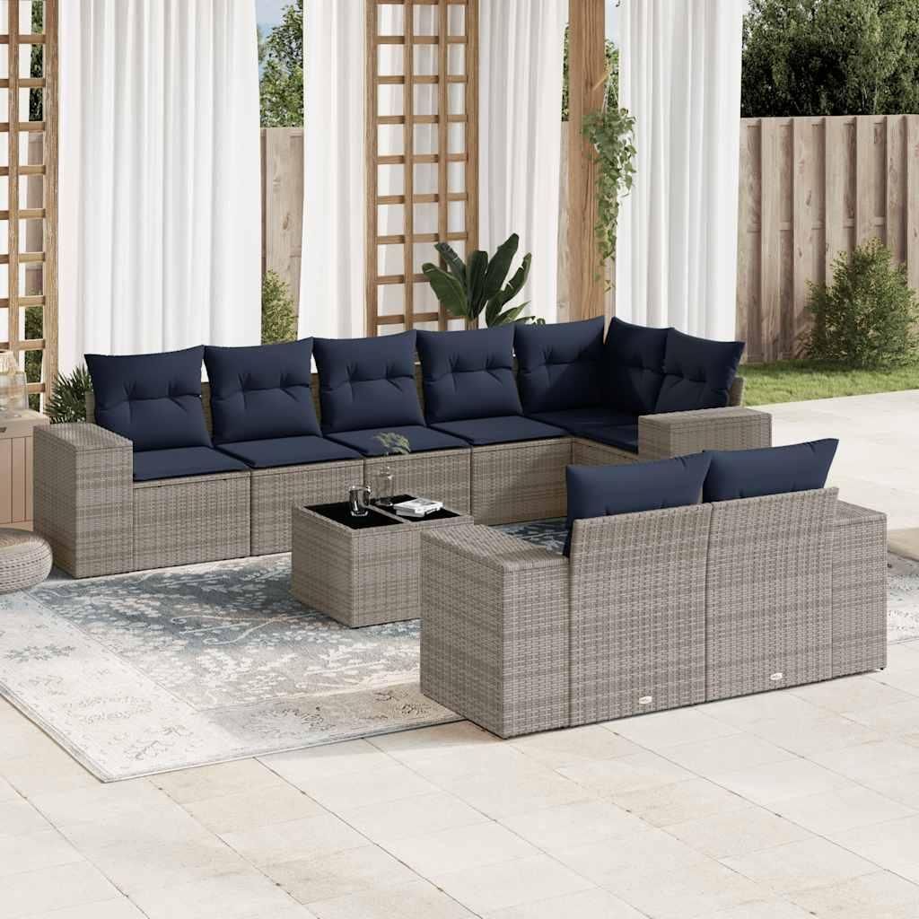 Maison Exclusive - 9-teiliges Gartensofa-Set mit Kissen, grau, Polyrattan