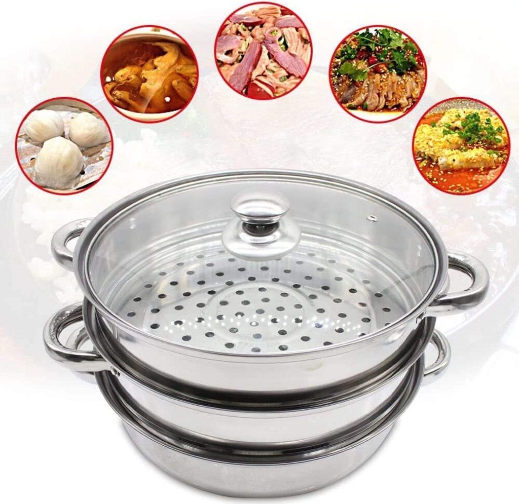A stainless steel steamer with a glass lid, surrounded by circular images of various prepared foods.