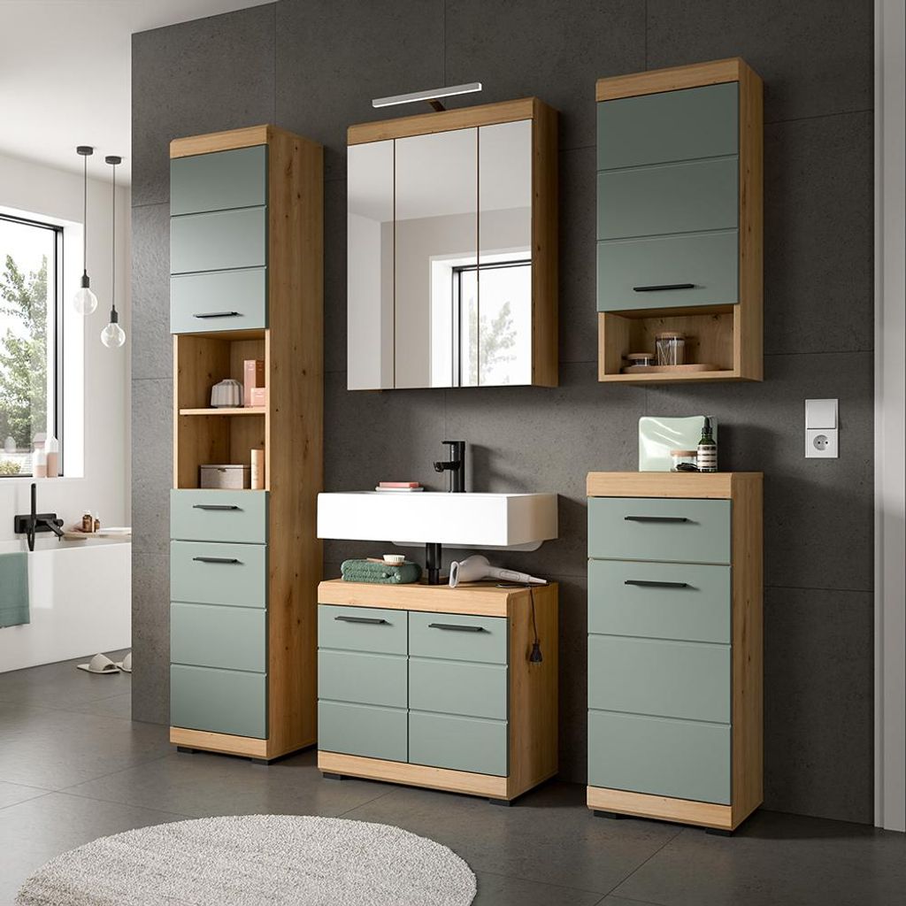 Badezimmer-Set 5-teilig in Artisan Eiche mit Salbei, mit Spiegelschrank inkl. LED-Aufsatzleuchte - SIROCO-158