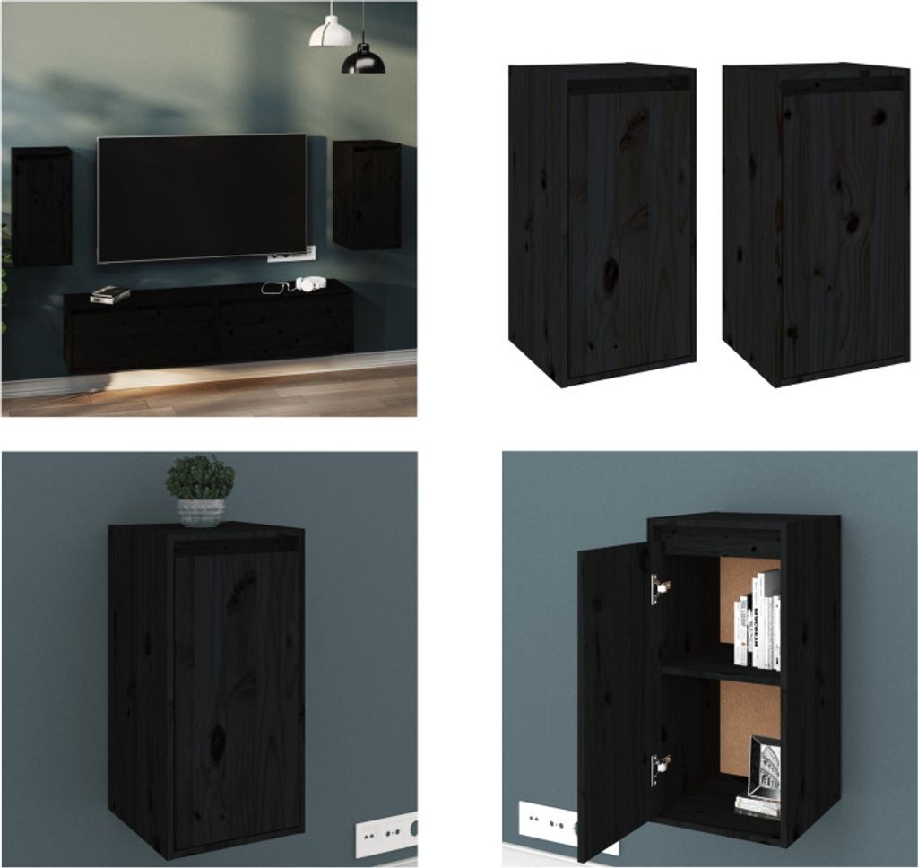 vidaXL Wandschränke 2 Stk. Schwarz 30x30x60 cm Massivholz Kiefer - Wandschrank - Wandschränke - Holz Wandschrank - Hängeschrank