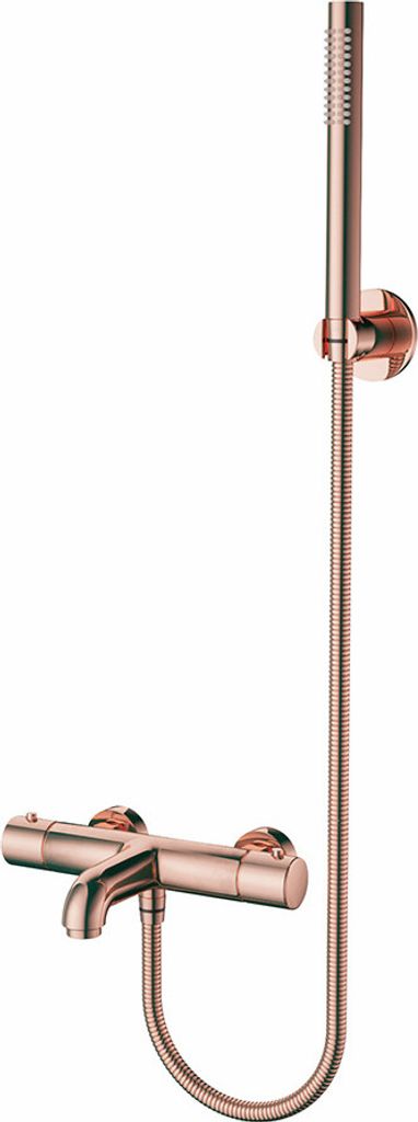 A rose gold shower faucet with a handheld showerhead, mounted on a white background.