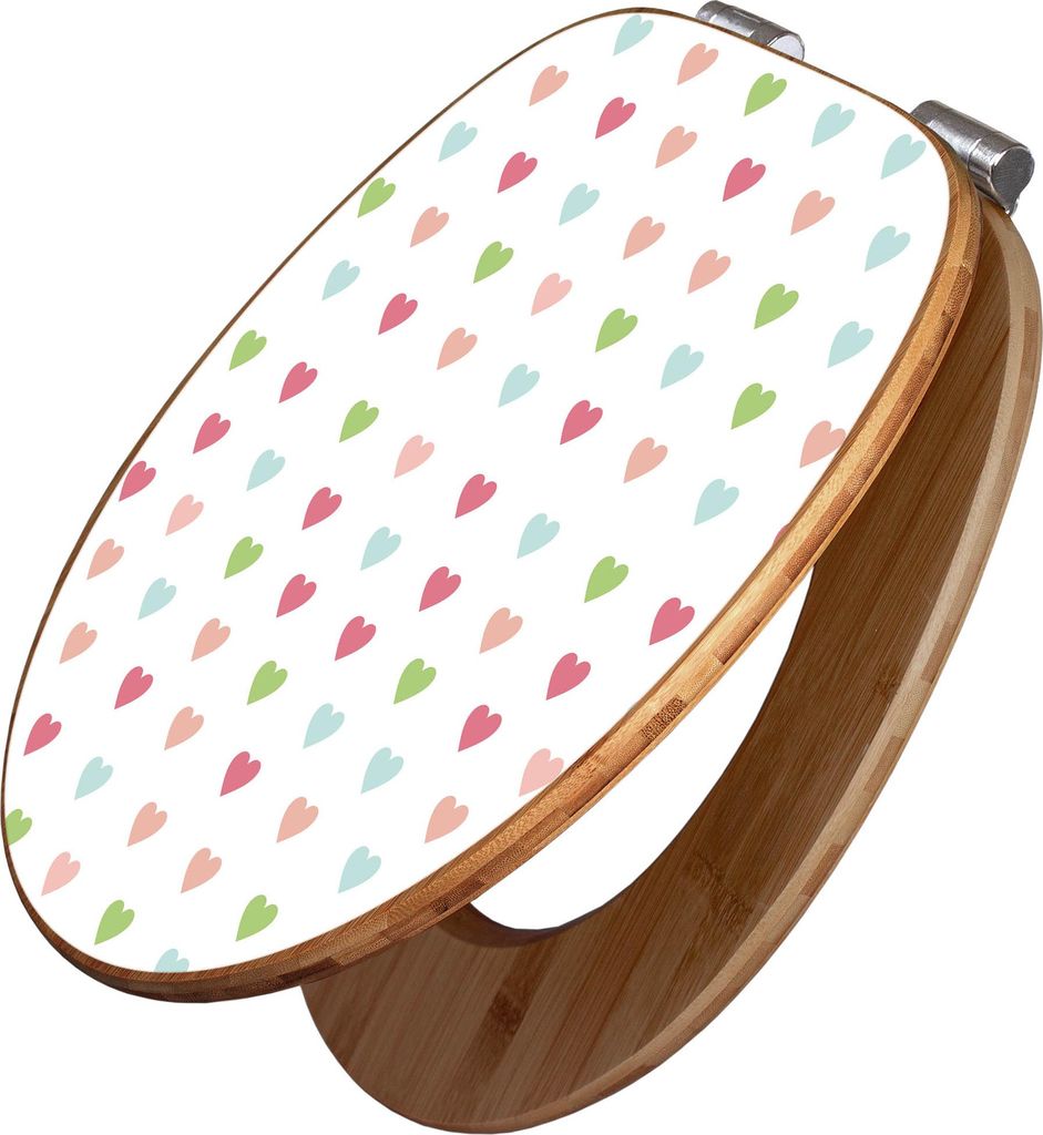 banjado Design WC Sitz Bambus Absenkautomatik -Herzen Auf Weiß - Toilettendeckel mit Absenkautomatik Holz/hochwertiger Bambus Klodeckel/WC-Sitz f...