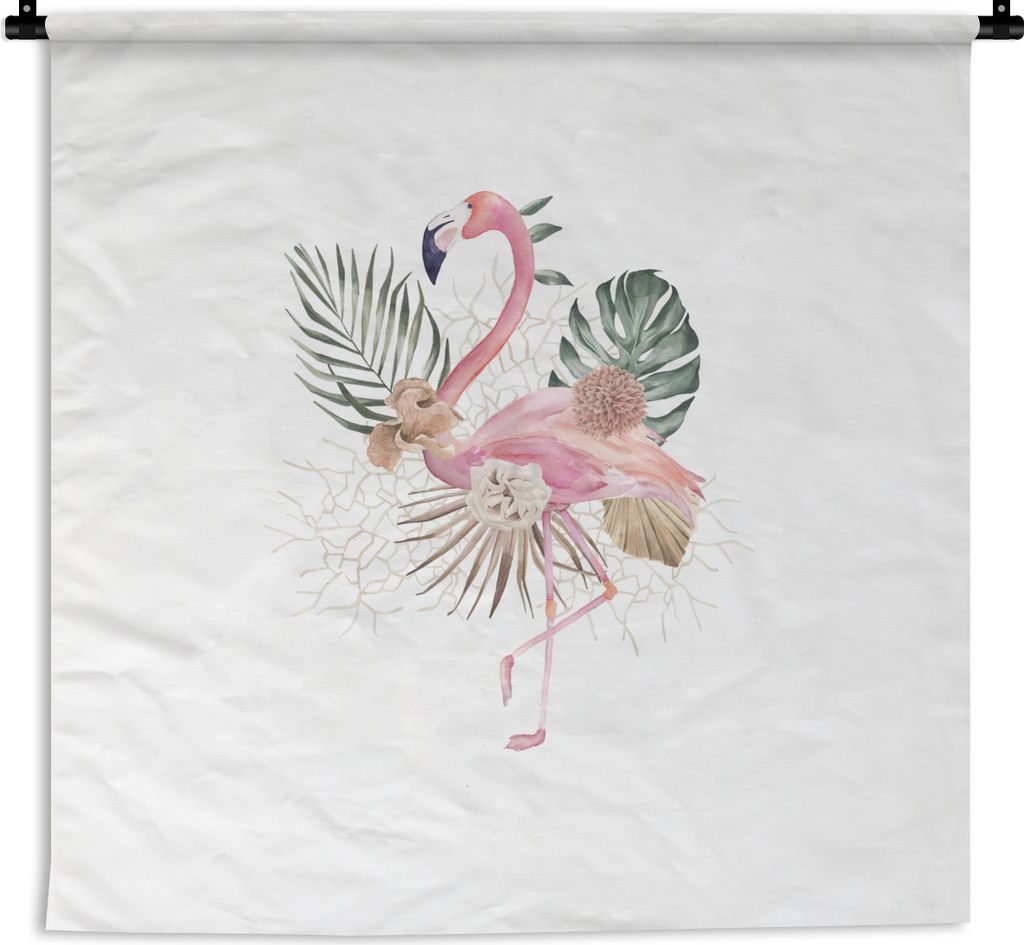 MuchoWow Wandteppich Wandbehang Flamingo - Blätter - Blumen - Zeichnung 150x150 cm Tapisserie Dekoration Wandtuch - Wohnaccessoires - Modernes