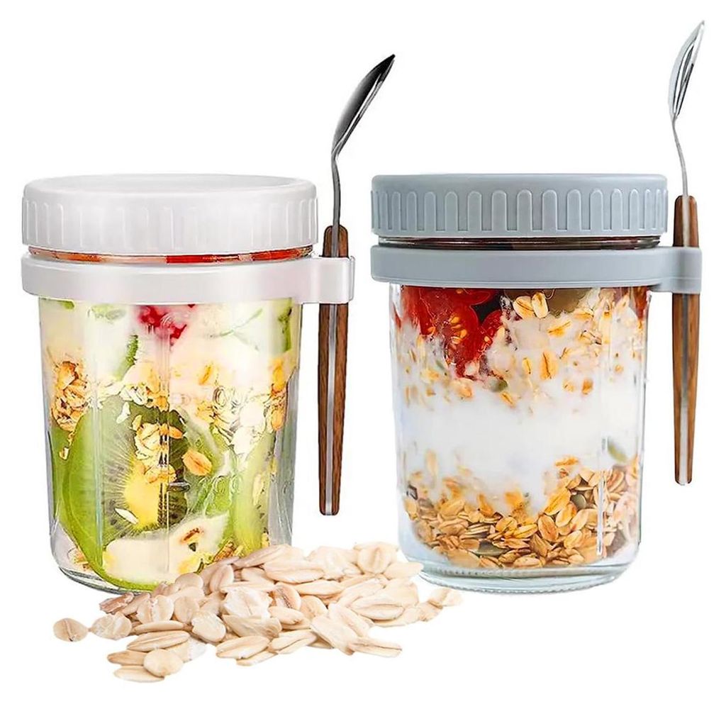 2er Set Overnight Oats Glasbecher mit Deckel & Löffel, Produktbild 