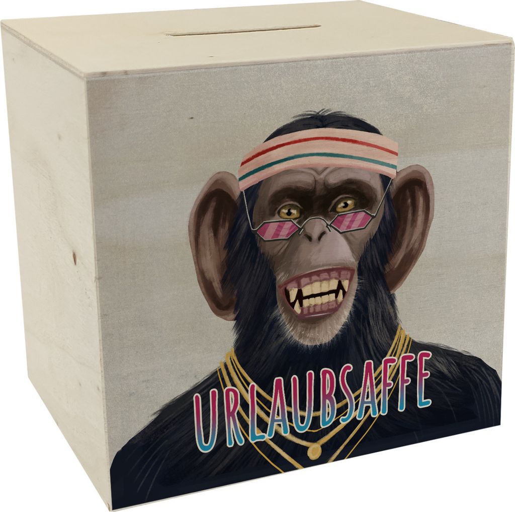 Spardose aus Holz mit lustigem Tier und Text für Urlauber - Urlaubsaffe