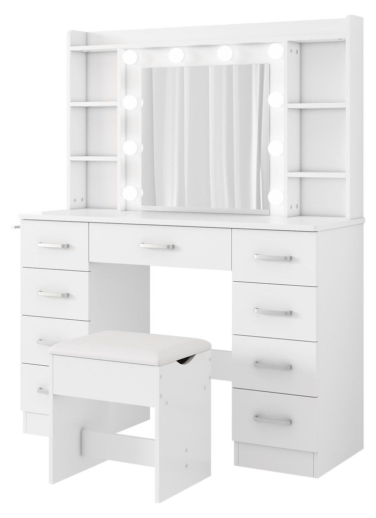 ZELURXX Schminktisch Weiß 110×40×145 cm mit LED-Spiegel 10 Lichter USB inkl. Hocker Föhnhalter Metallauszug
