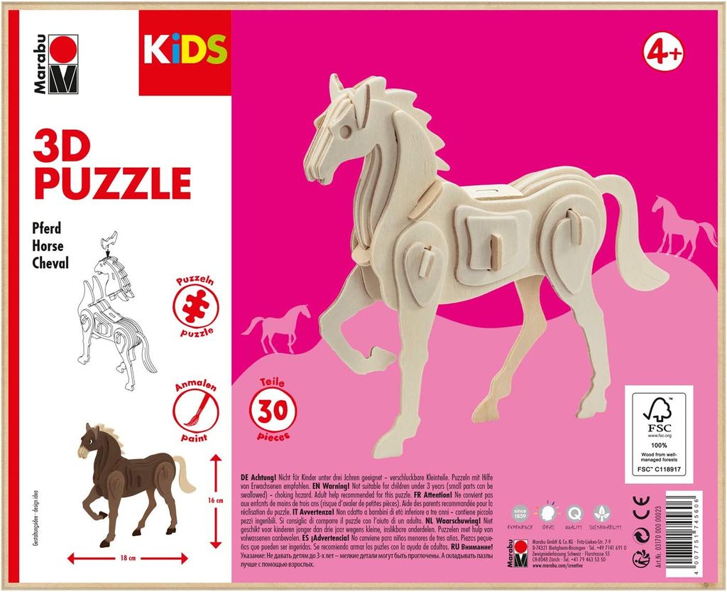 Marabu KiDS Pferd 3D-Puzzle, 30 (bemalbar) Teile