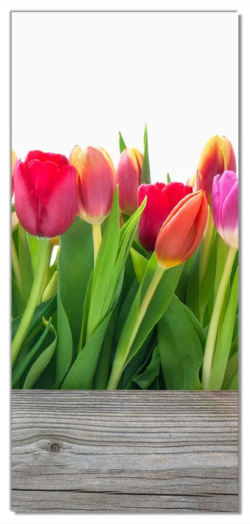 Wallario selbstklebende Türtapete 93 x 205 cm mit Schutzlaminat - Rote weiße und pinke Tulpen im Frühling