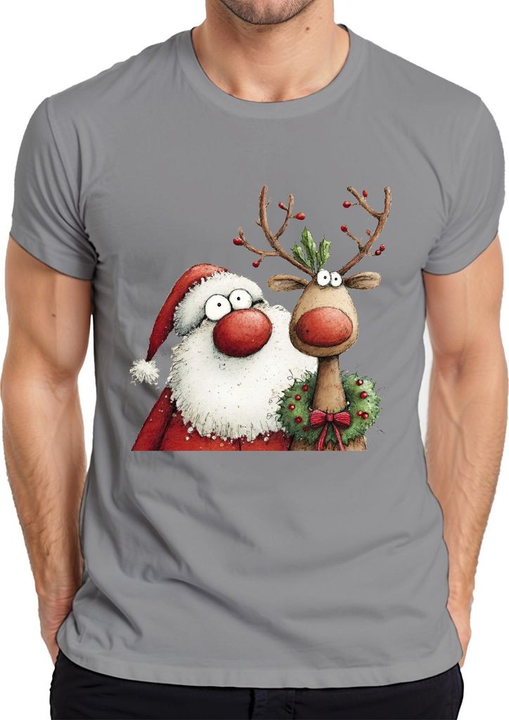 Weihnachtsmann Rentier rote Nase Kranz lustig Weihnachten Vintage Herren T-Shirt, Grau, XL