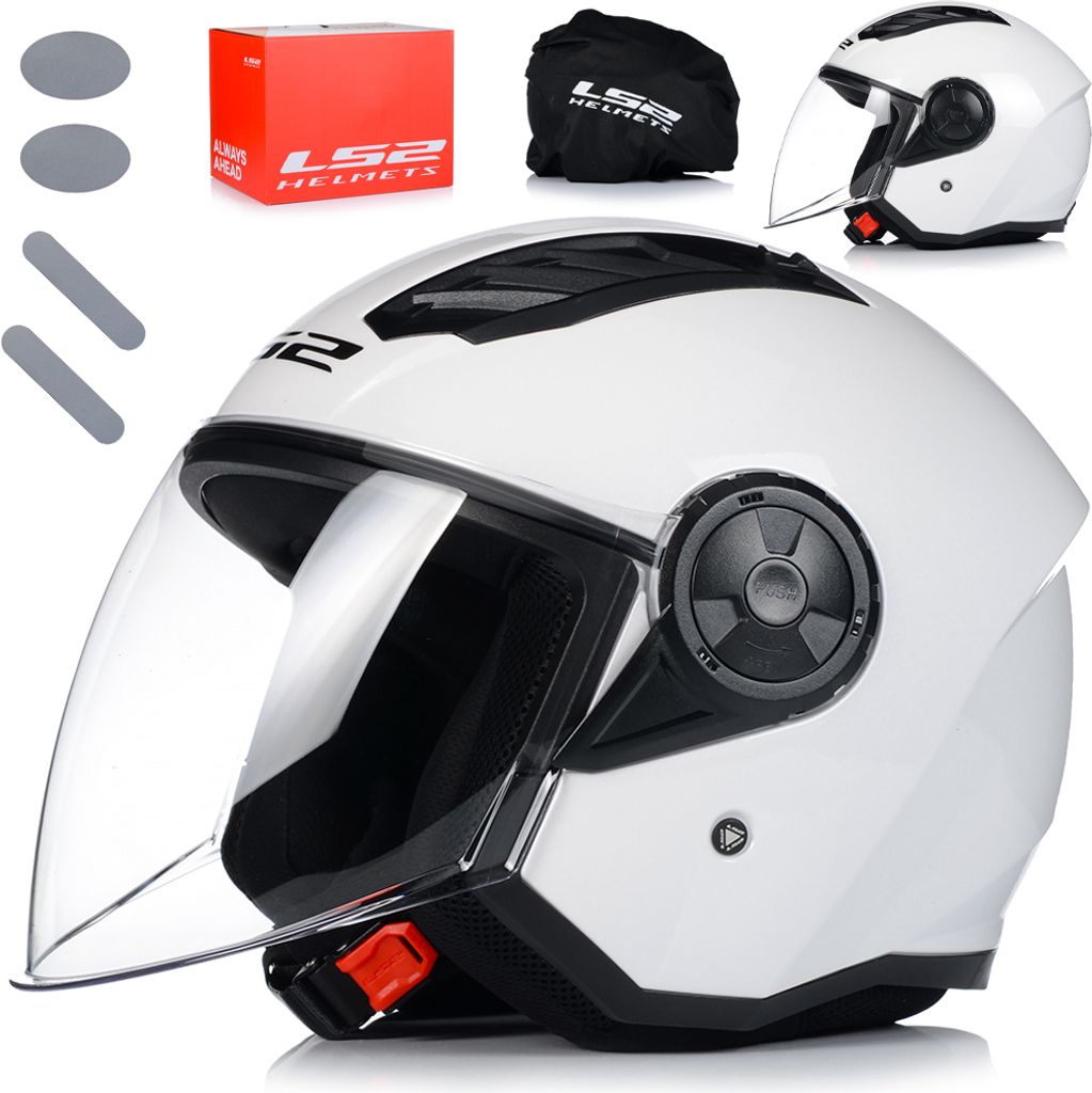 A white LS2 jet helmet with a clear visor, shown with its packaging and accessories.