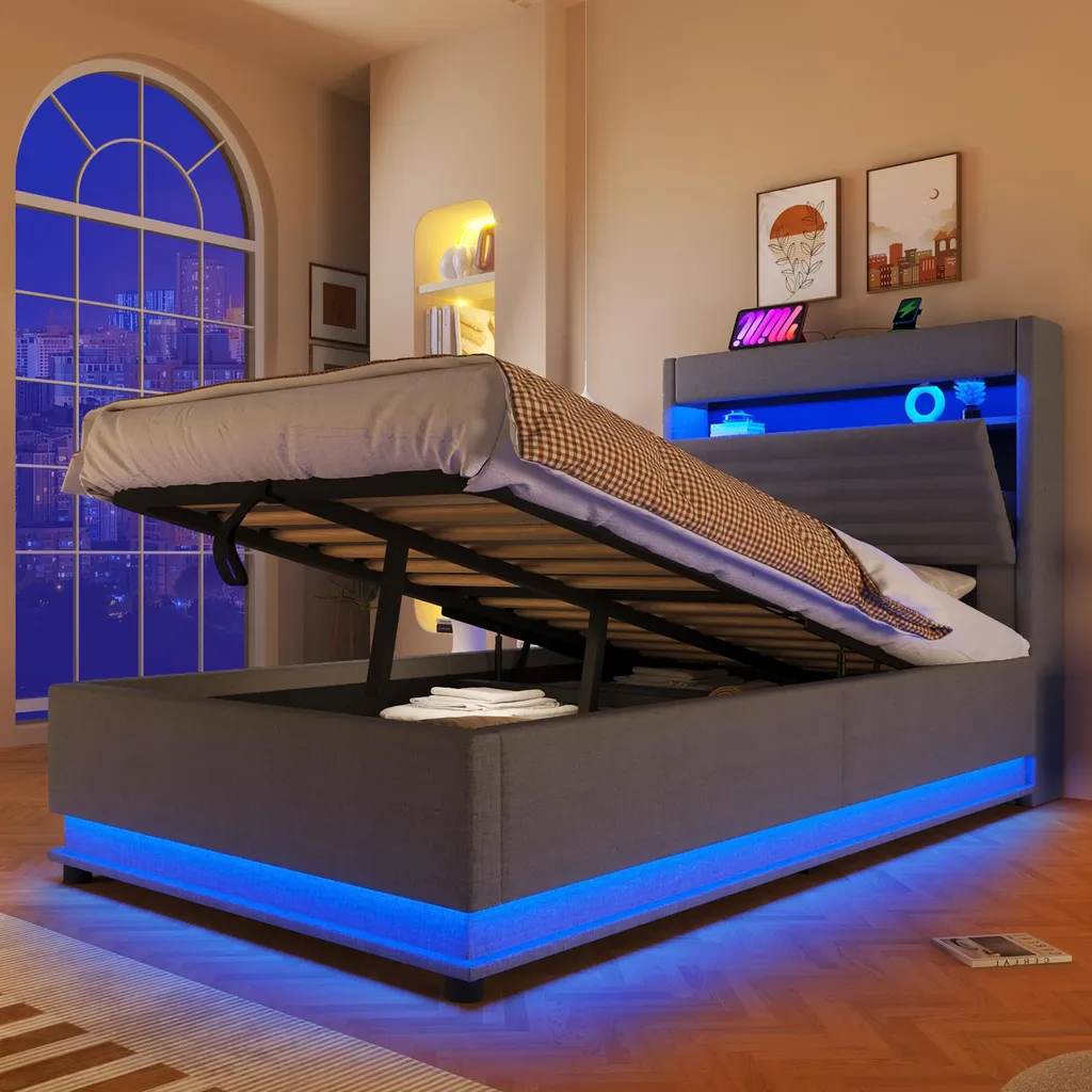 Lit simple avec coffre hydraulique 90x200 et ports USB Type-C intégrés