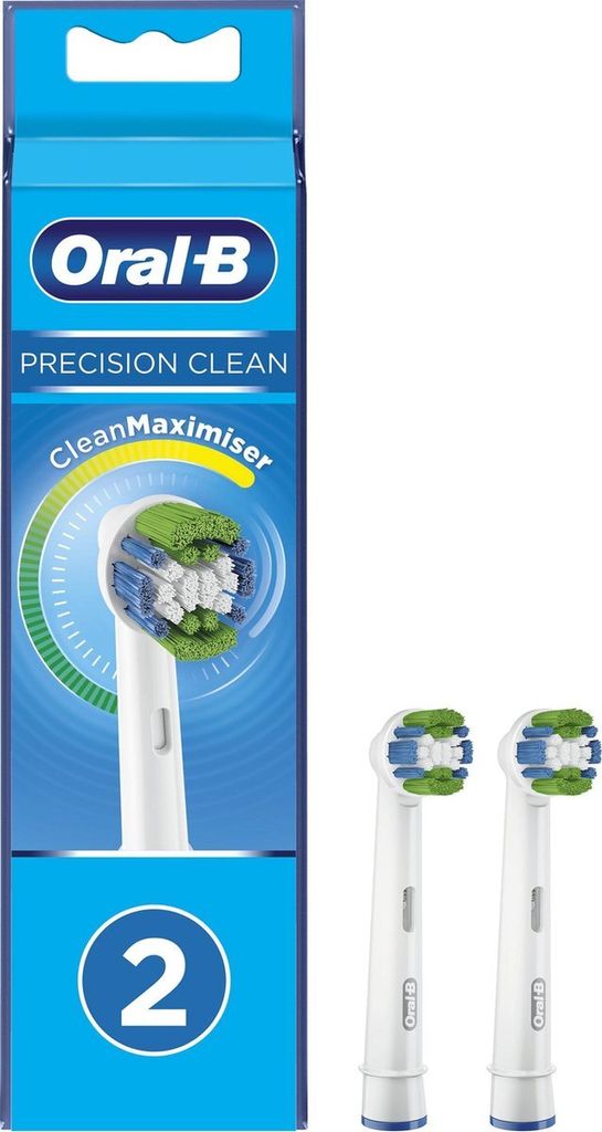 A product shot of Oral-B Precision Clean toothbrush heads in their packaging, with two replacement heads shown separately.