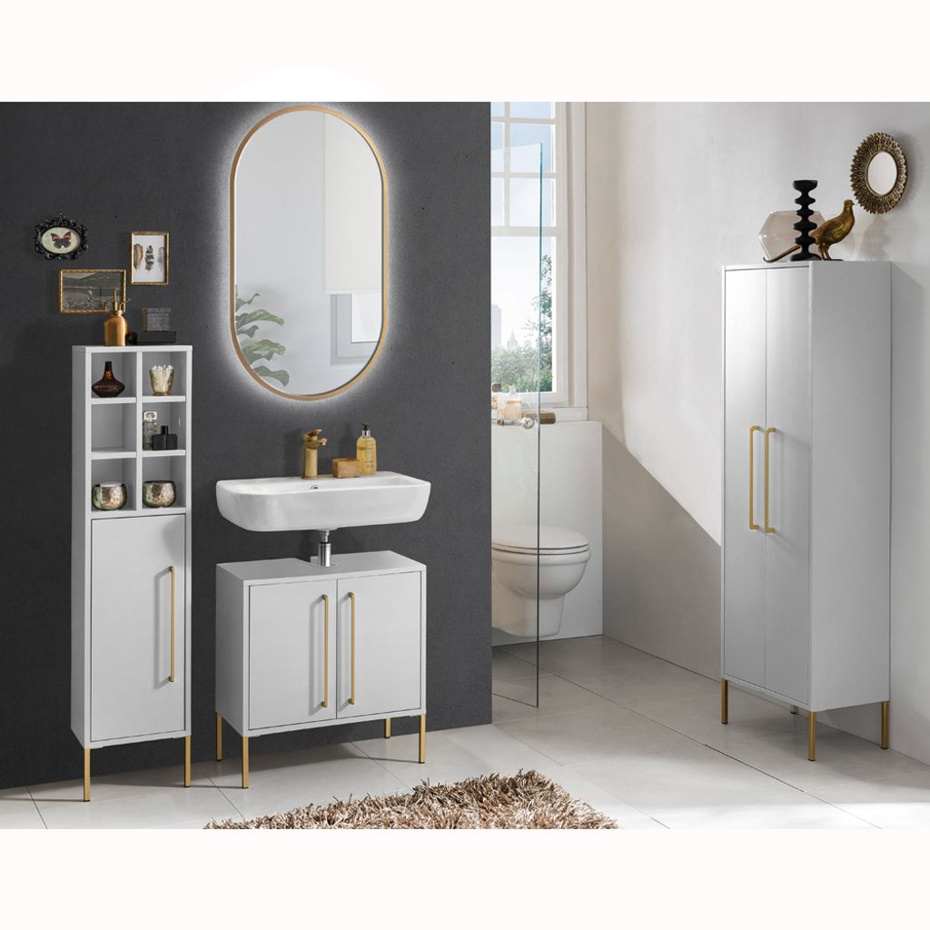 Badezimmer Kombination SARAY-80 in kreideweiß mit Spiegel goldfarben oval und LED Beleuchtung, B/H/T: ca. 102,5/200/30 cm