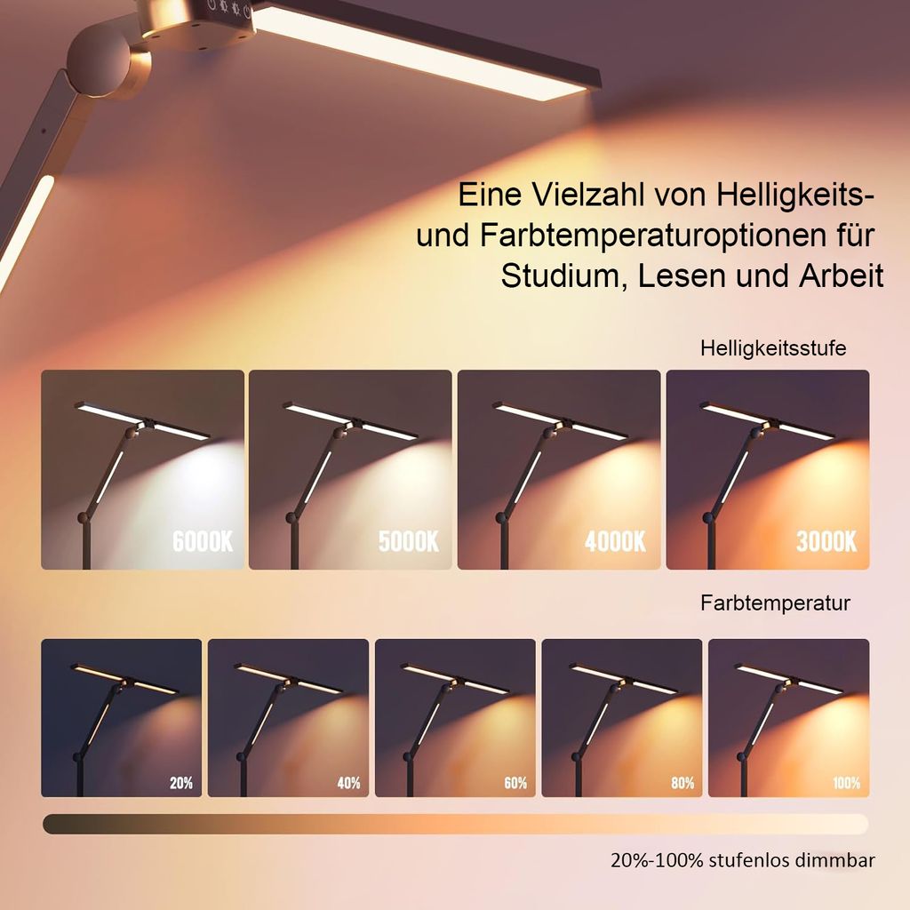 LED Schreibtischlampe Dimmbar Doppelkopf, 24W Leselampe Produktbild 2