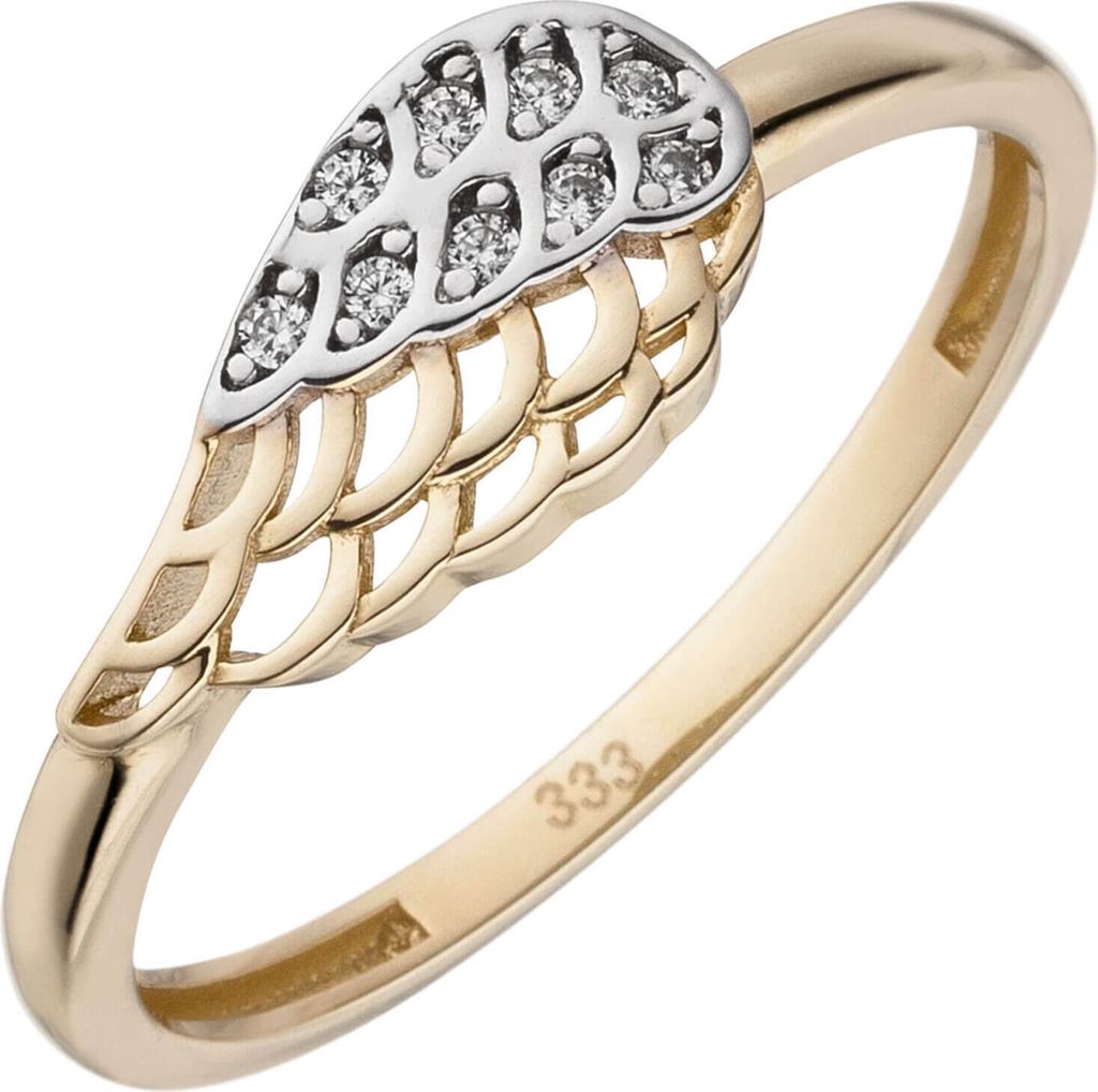 Ring Flügel aus 333 Gold Gelbgold bicolor mit 9 Zirkonia Fingerring Damen Innenumfang 54mm Ø17.2mm