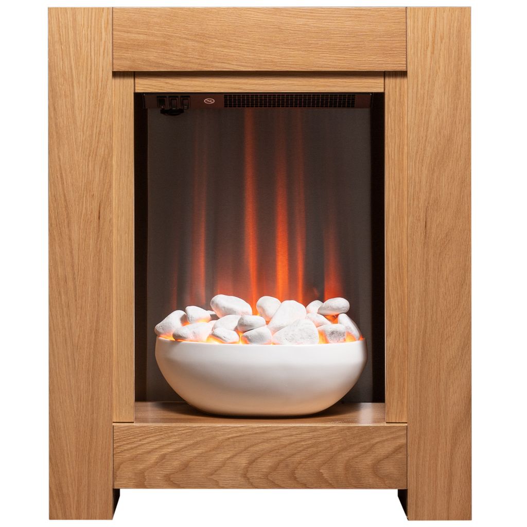 Kaminset Adam Monet in Eichenoptik mit Elektrokamin, Maße 73 cm x 60 cm x 20 cm, LED-Flamme, Heizleistung 1–2 kW.