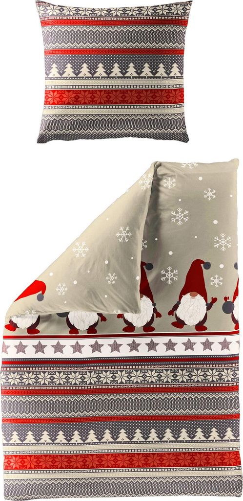 JACK by Bierbaum Biber Bettwäsche 2 tlg. 135x200cm Wichtel Sterne Muster Rot Taupe
