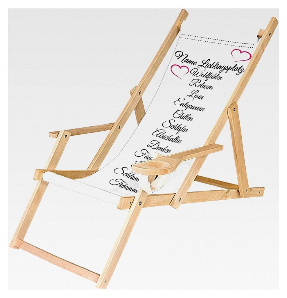 Klappbarer Holz-Liegestuhl mit Armlehne und Getränkehalter Strandstuhl Motiv Lieblingsplatz