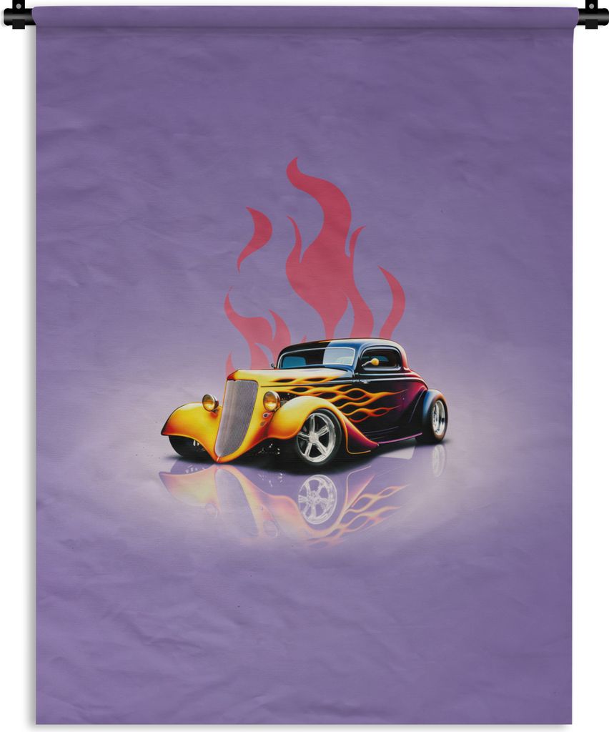 MuchoWow Wandteppich Wandbehang Auto - Lila - Flammen - Vintage 60x80 cm Tapisserie Dekoration Wandtuch - Decke - Wandtücher - Wohne