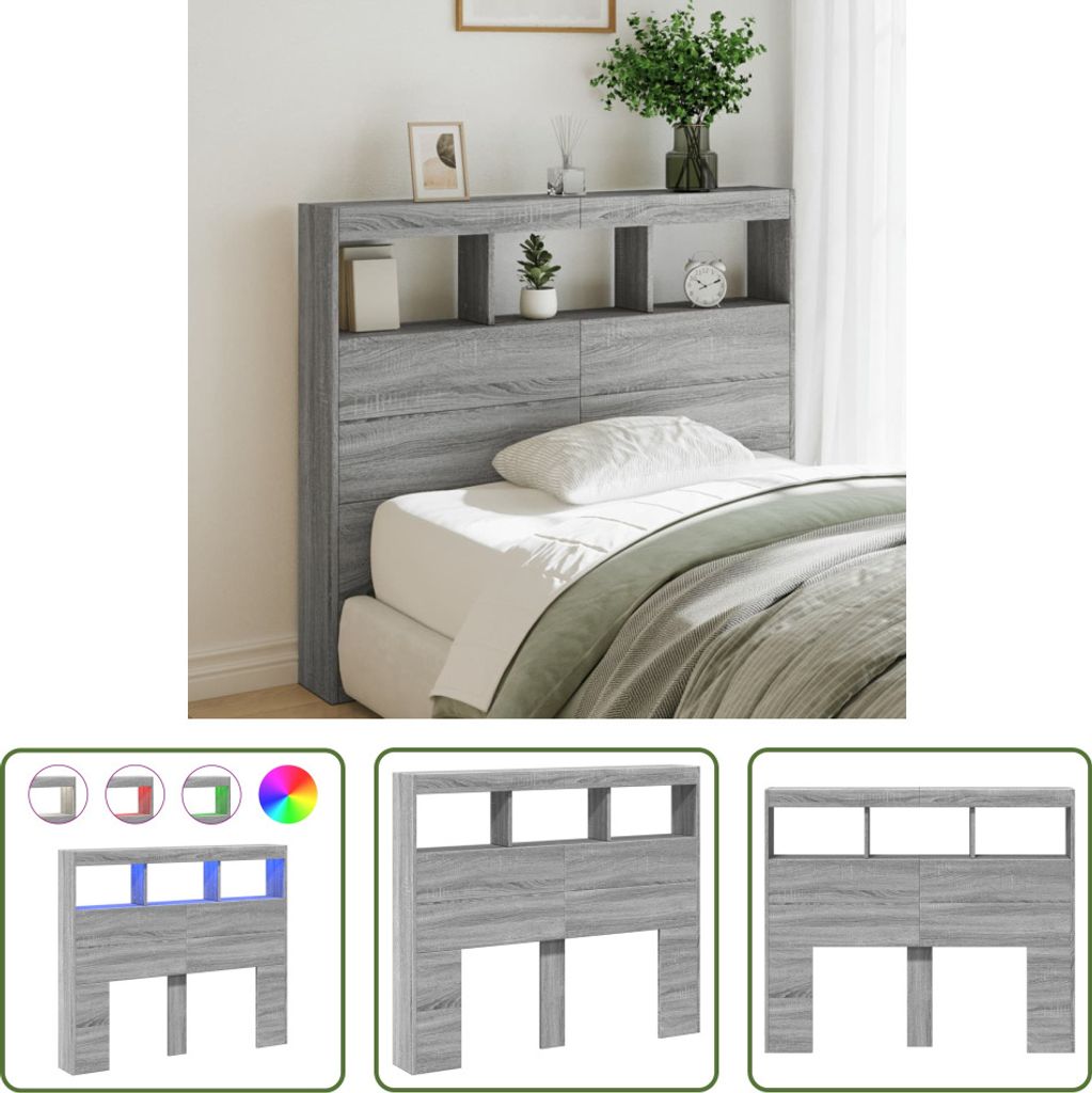 The Living Store LED-Kopfteil mit Ablagen Grau Sonoma 120x17x102 cm