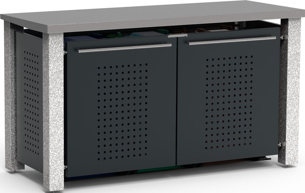 reinkeDESIGN | Mülltonnenverkleidung 1x240 & 2x120L | Typ_SPultdach, Stein-Pfosten, Blenden in Anthrazit | für Privat-Häuser, regionale Herstellung