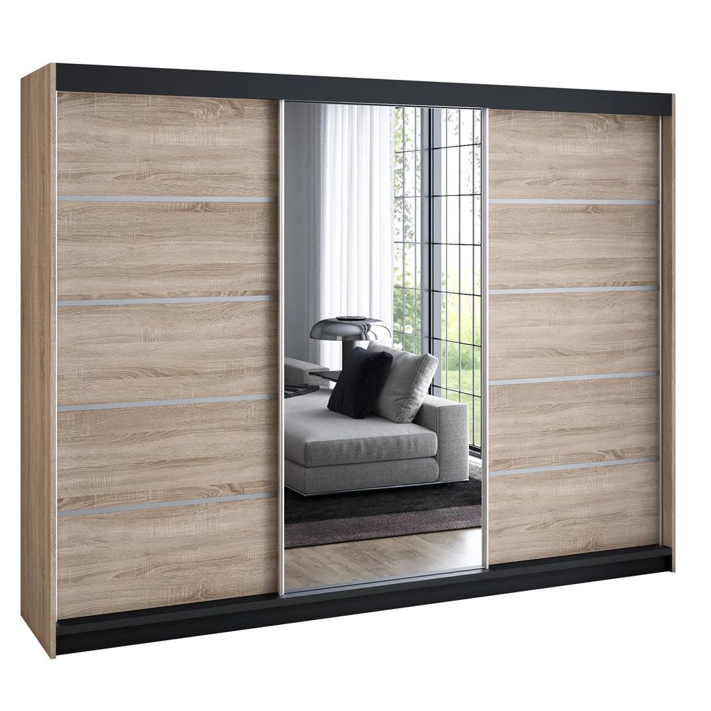 Schwebetürenschrank 200 cm, 3-türig, mit Spiegel & 4 Schubladen, Retro-Stil, modern – Kleiderschrank VILUNO 3 Sonoma / sonoma / sonoma