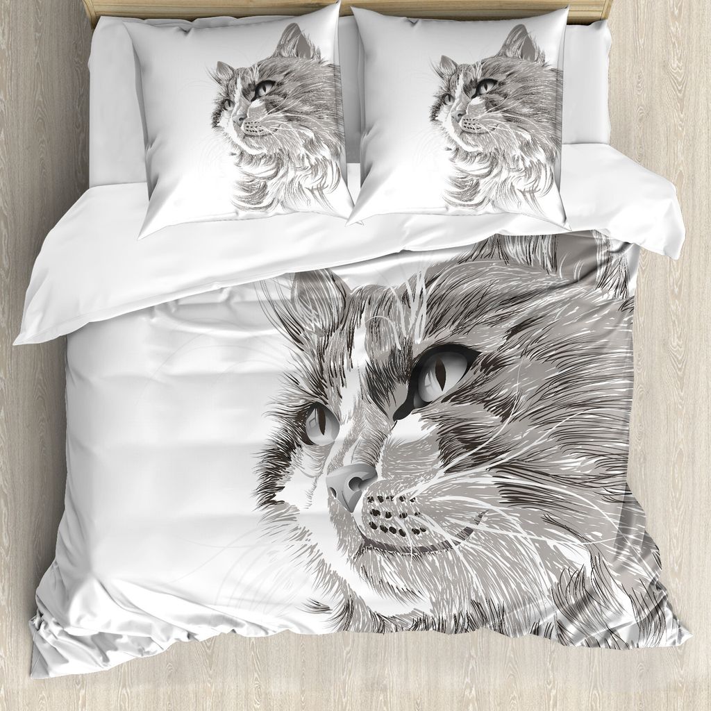 ABAKUHAUS Tier Bettbezug, Katzen-Porträt Kätzchen, Milbensicher Allergiker geeignet mit Kissenbezügen, 155 cm x 220 cm - 80 x 80 cm, Grau weiß