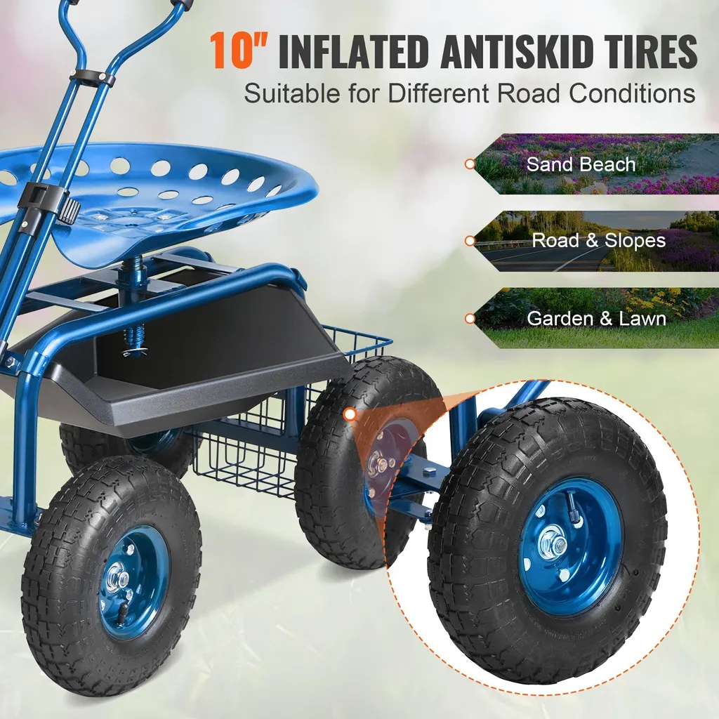 Carrello da officina rotante in acciaio con capacità di carico fino a 136 kg Carrello da giardino con manico da 25 cm e sedile regolabile in altezza da 45 a 54 cm Carrello rotante Pressione pneumatici 30 PSI Sedile da lavoro Sedile da giardino blu - 4