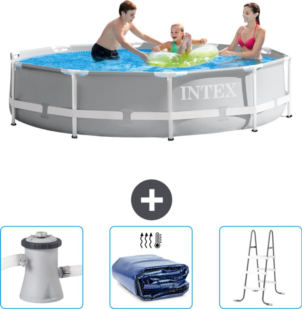 Intex-Schwimmbecken mit rundem Prismenrahmen – 305 x 76 cm – Grau – im Lieferumfang enthalten Filterpumpe für Schwimmbad - Sonnensegel - Leiter