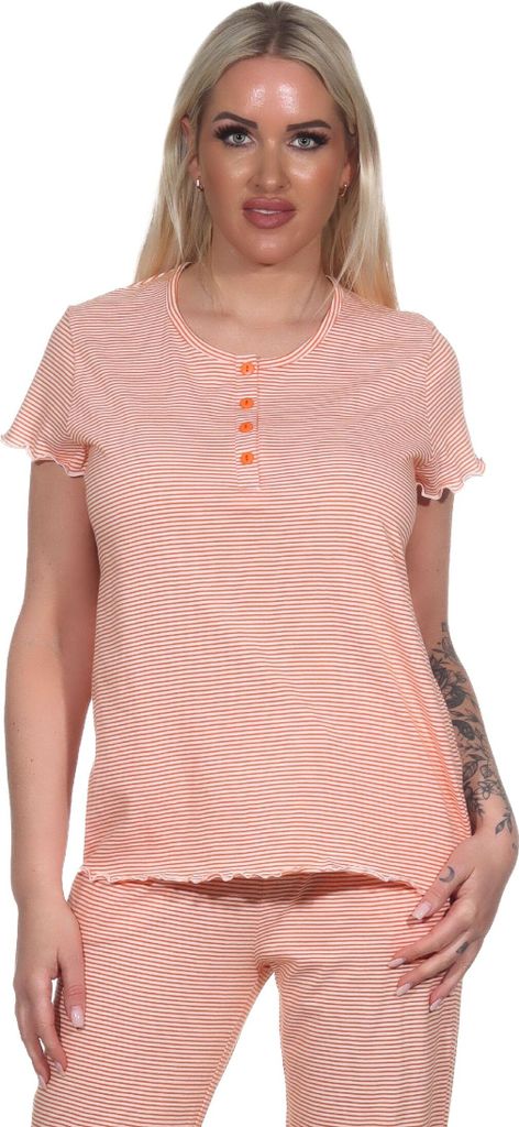 Damen Schlafanzug Shirt kurzarm Pyjama Oberteil Mix & Match in Streifenoptik ; orange , 44