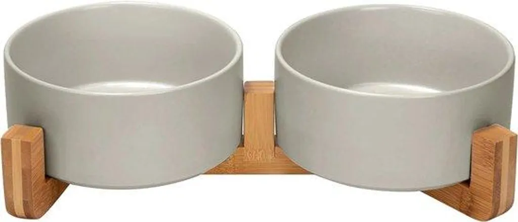Grande gamelle double 850ml en céramique grise et bois de bambou naturel