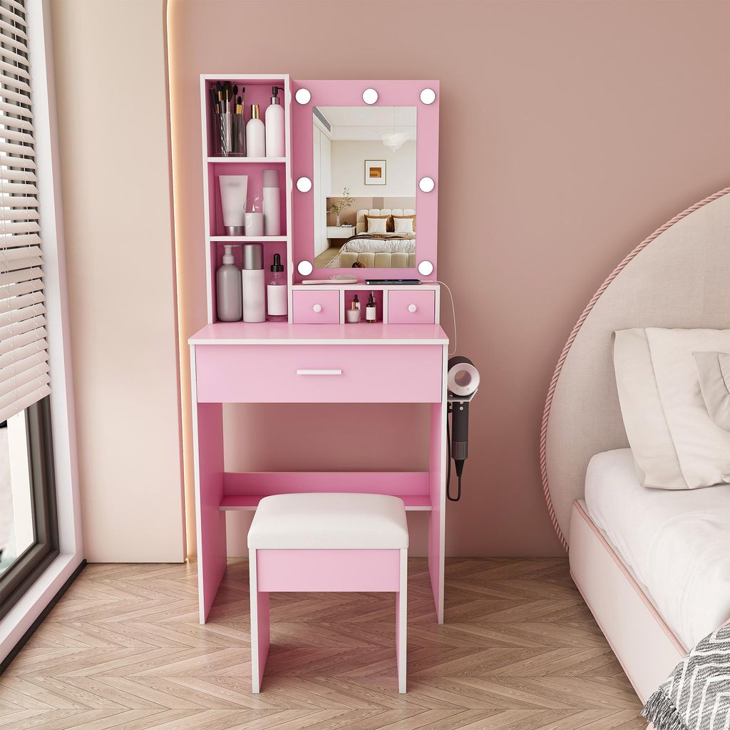 Make-up tafel met LED-verlichting en krukje, 60x38x132 cm, Productafbeelding 