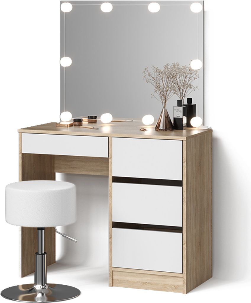 Schminktisch Livinity Imola Sonoma mit LED Beleuchtung und Hocker, Model 52413