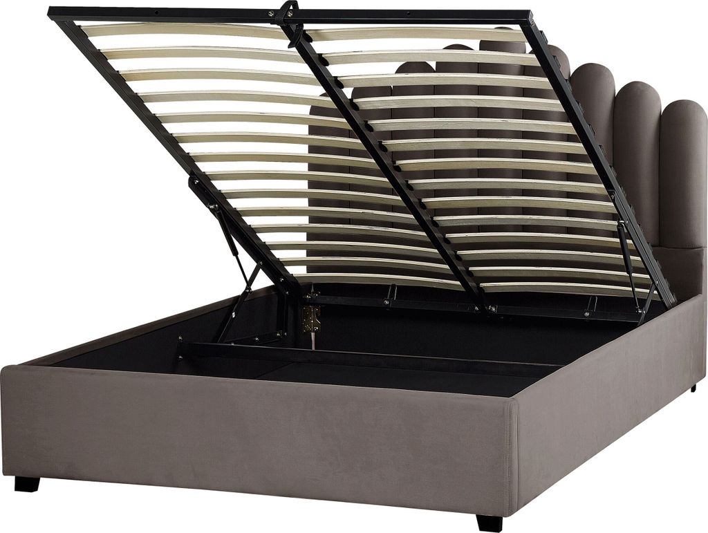 BELIANI Polsterbett Taupe Samt mit Bettkasten Lattenrost Hochklappbar 140 x 200 cm Hohes Muschel-Kopfteil Glamourös Muschelbett Doppelbett Schlafz...
