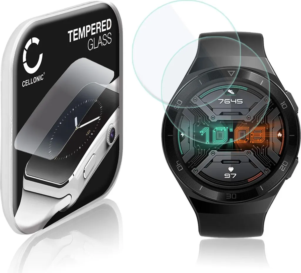 2x Vetrino protettivo 9H CELLONIC compatibile con Huawei Watch GT2e (2.5D per smartwatch braccialetto fitness 0,33mm Full Glue) colore Trasparente protezione display screen protector