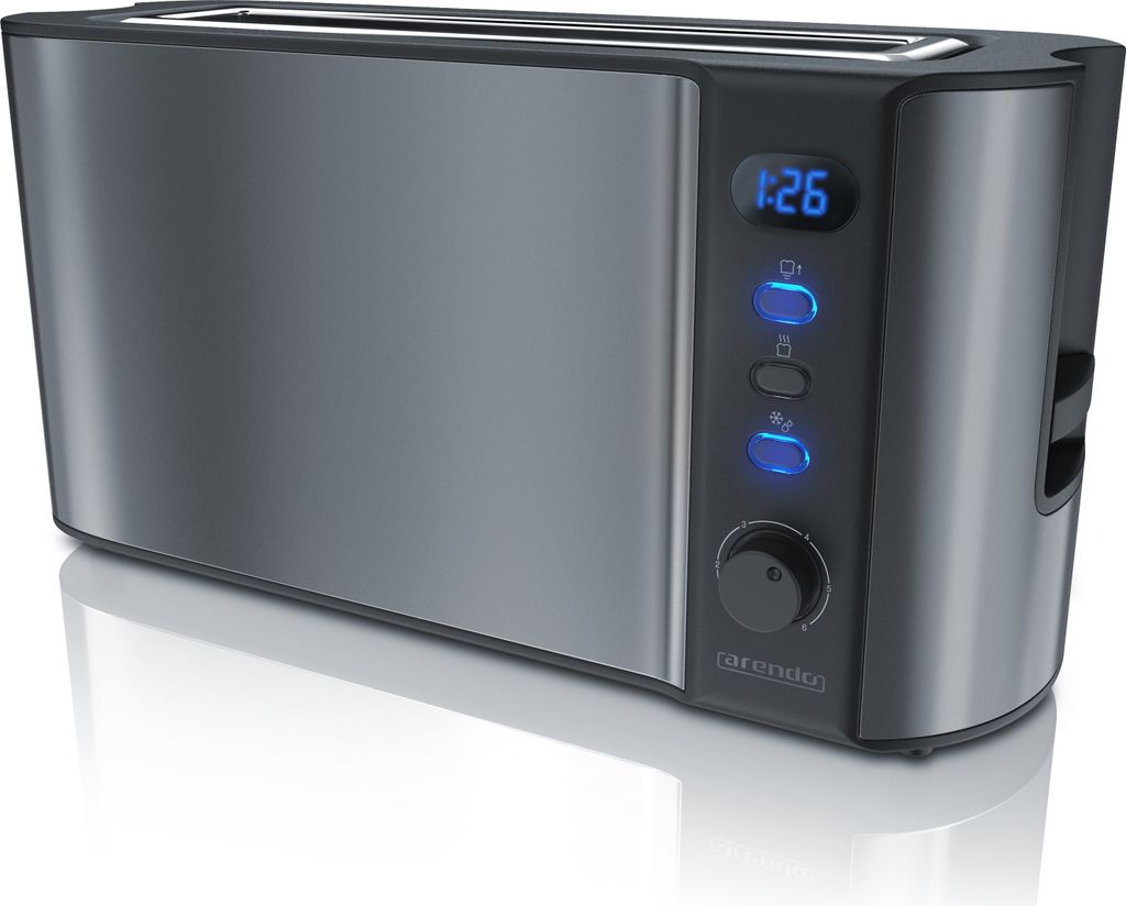 Arendo Toaster, 1 langer Schlitz, für 2 Scheiben, 1000 W, Langschlitz, Brötchenaufsatz, Wärmeisolierendes Gehäuse, Display, grau