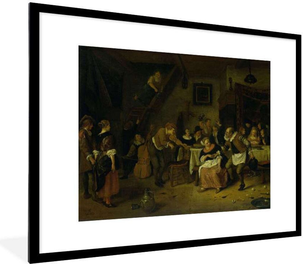MuchoWow Gerahmtes Poster Die Bauernhochzeit - Jan Steen 80x60 cm - Poster mit Schwarzem Bilderrahmen Wandposter Rahmen Foto Bilder - Schlafzimme...